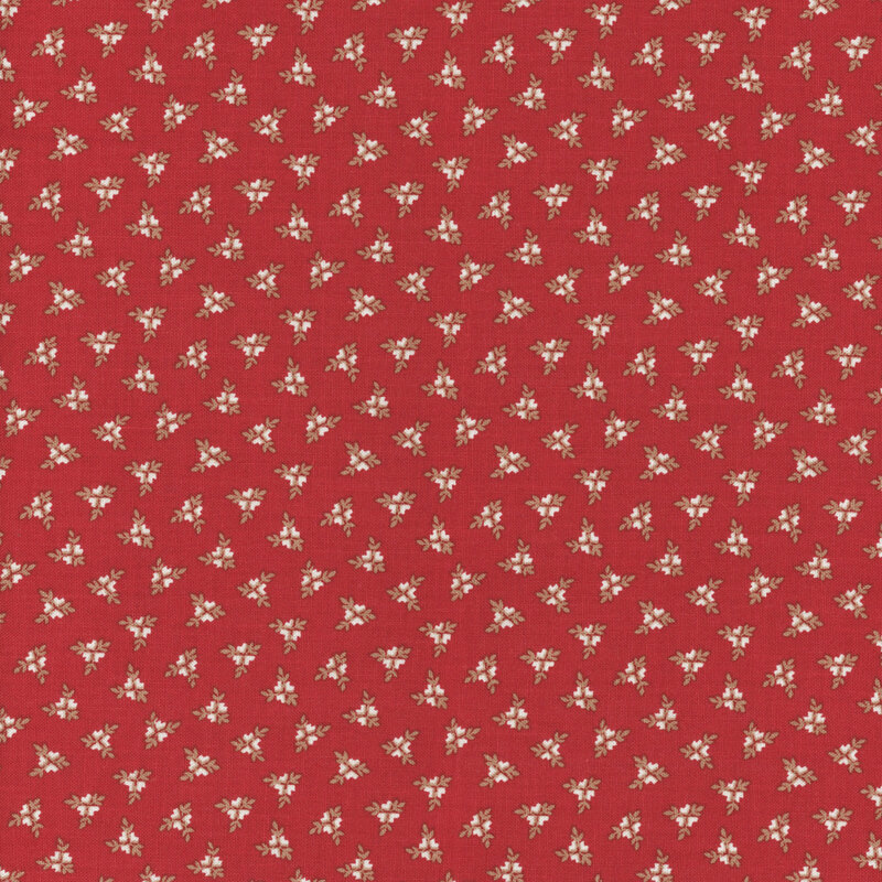 fabric with tossed ditsy pink and white flower clusters on a bold red background
