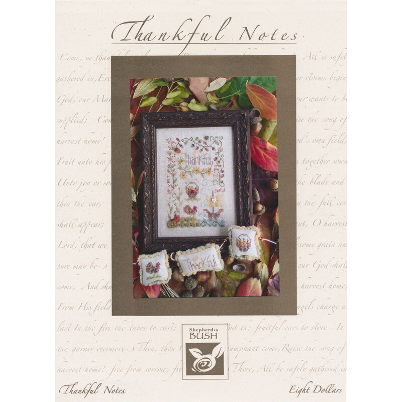 Picture of the thankful notes cross stitch pattern, showing the finished project with various thankful phrases and thanksgiving motifs