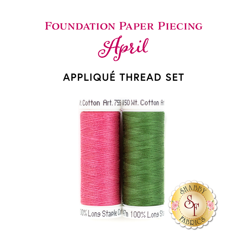 An image of an April Foundation Paper Piecing 2pc Thread Set -- a pink and green spool next to each other