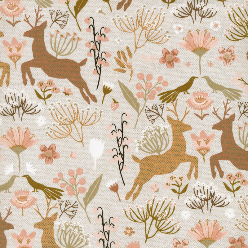 fabric with a light graybackground with deer, wildlife and white and pink flowers 