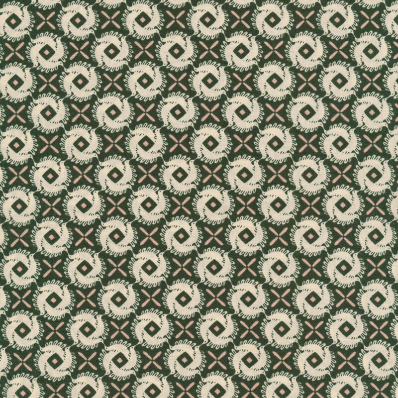 fabric with cream swirled abstract bird pattern with pink crosses on a dark green background.