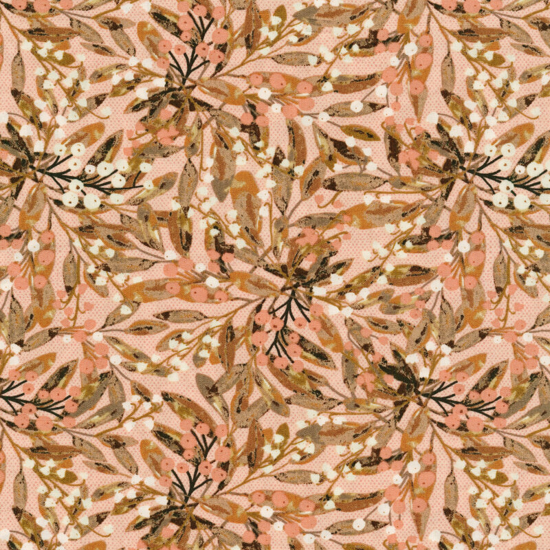fabric that features neutral multicolored leaves on a dusty pink background with delicate pink berries and ditsy white bell flowers.