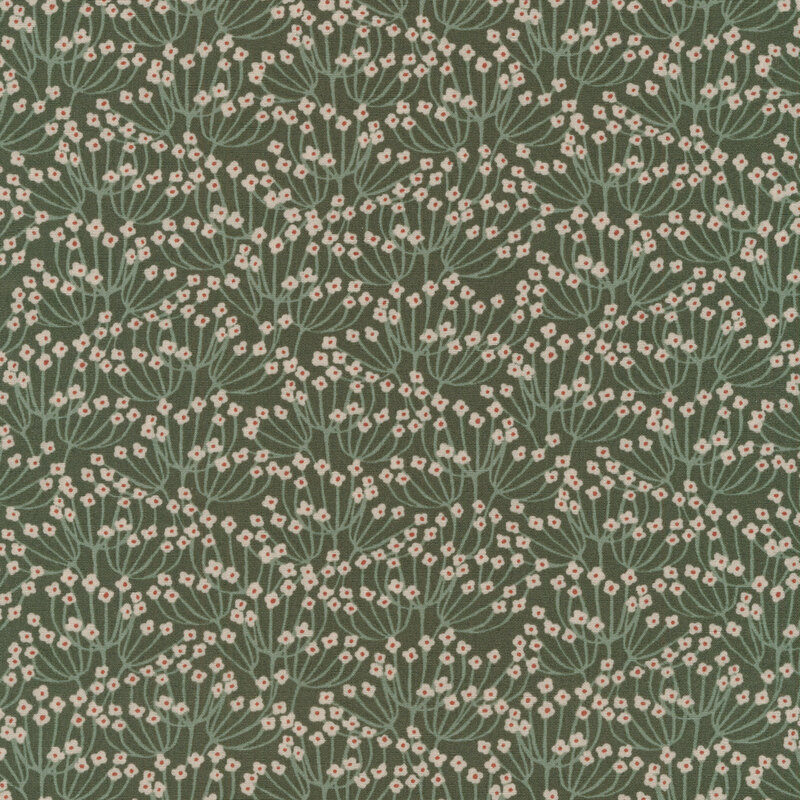 fabric with dark green and white flowers and a dark dusty green background