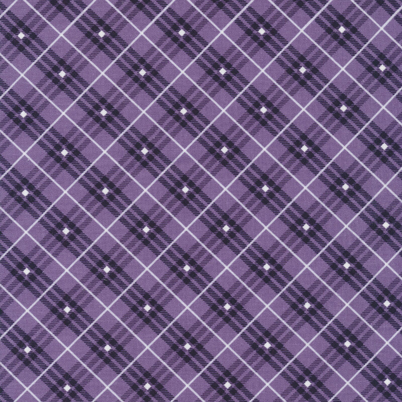 Purple plaid fabric with white stripes and diamonds