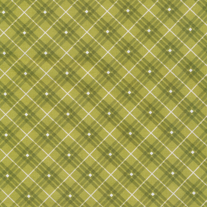 green plaid fabric with white stripes and diamonds