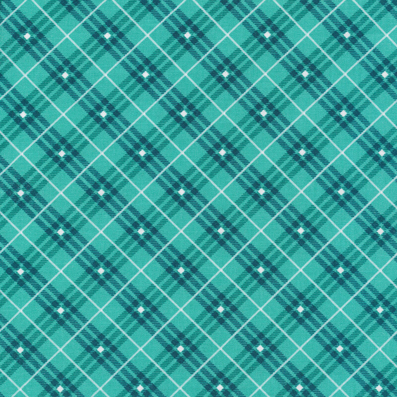 teal plaid fabric with white stripes and diamonds