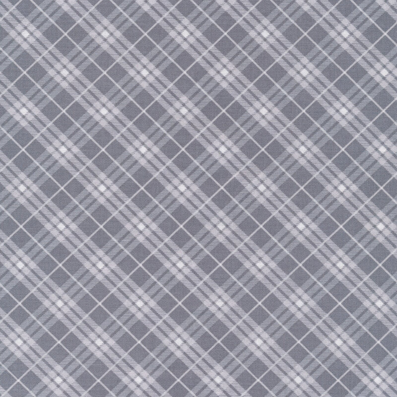 gray plaid fabric with white stripes and diamonds
