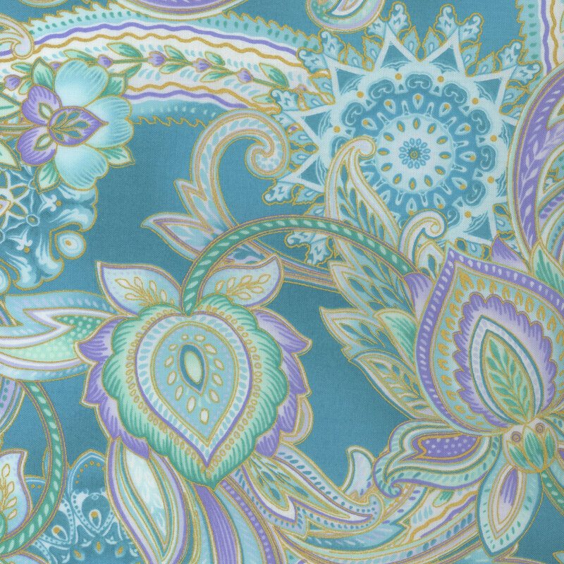 aqua and purple paisley print fabric with a turquoise background and metallic gold accents
