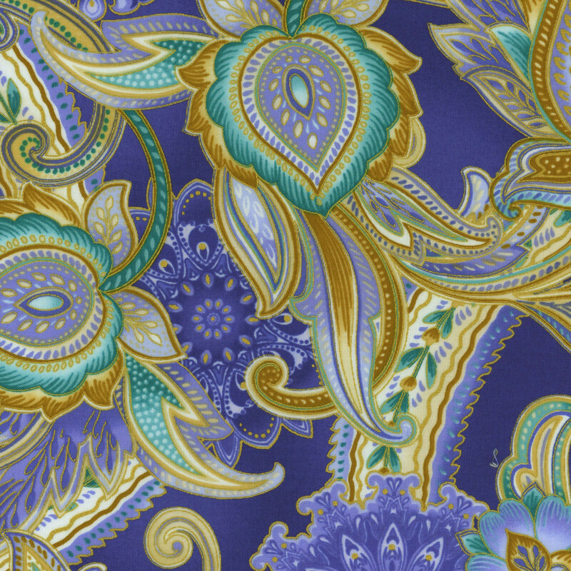 teal, gold and deep blue paisley print fabric with a royal blue background
