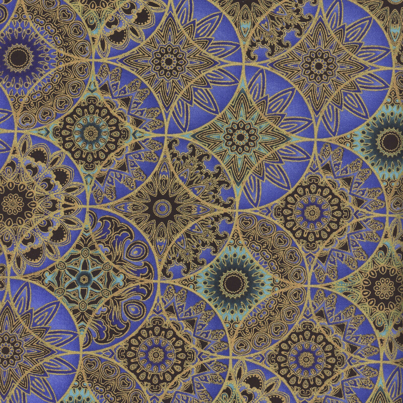 dark blue, aqua, and gold metallic circles in a geometric abstract pattern on fabric