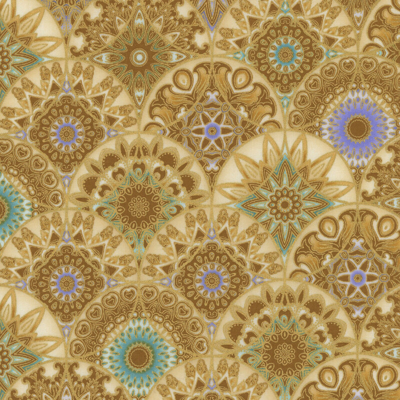 gold, tan, and light aqua geometric patterned fabric in circles