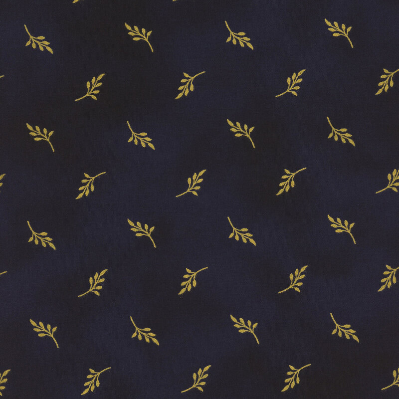 dark deep blue mottled fabric with scattered gold leaves