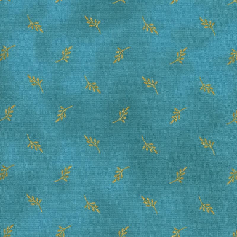 fabric with turquoise mottled background with gold leaf branches