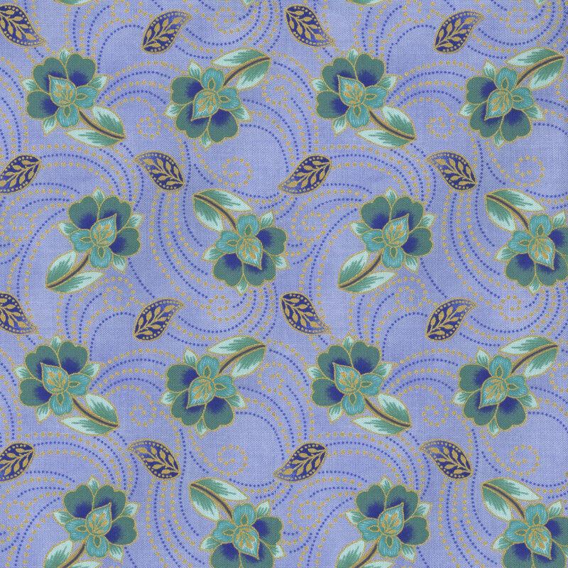 fabric with teal and blue flowers on a light lavender background with blue and gold dotted swirls