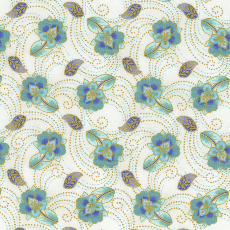cream fabric with teal and blue flowers with gold and teal dotted swirls