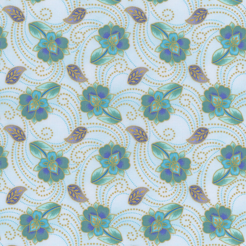 light blue fabric with teal and blue flowers with gold metallic swirls