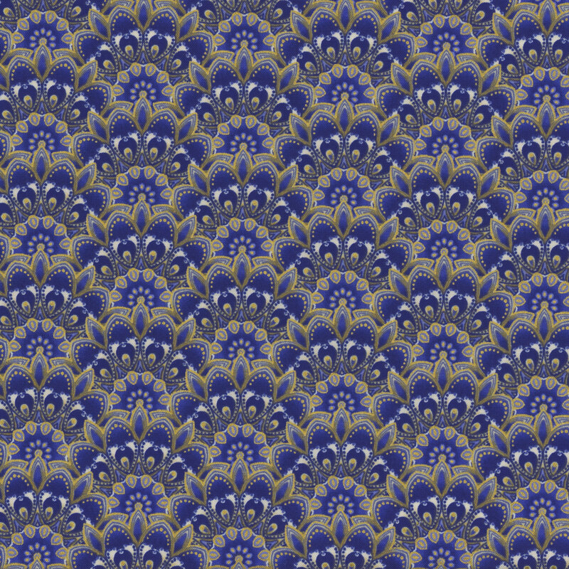 quilting fabric with scallops decorated with dark blue, white and gold abstract patterns