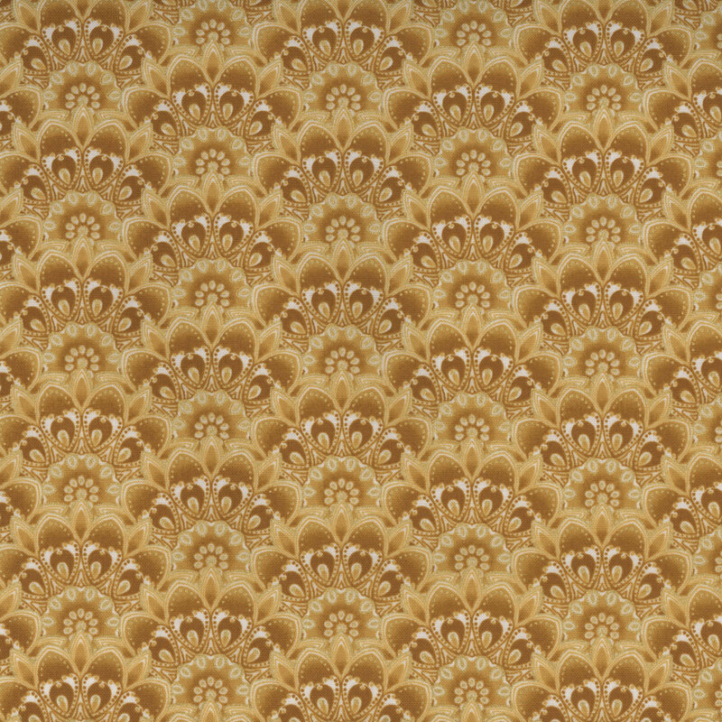ochre fabric with scallops decorated with white and gold abstract patterns