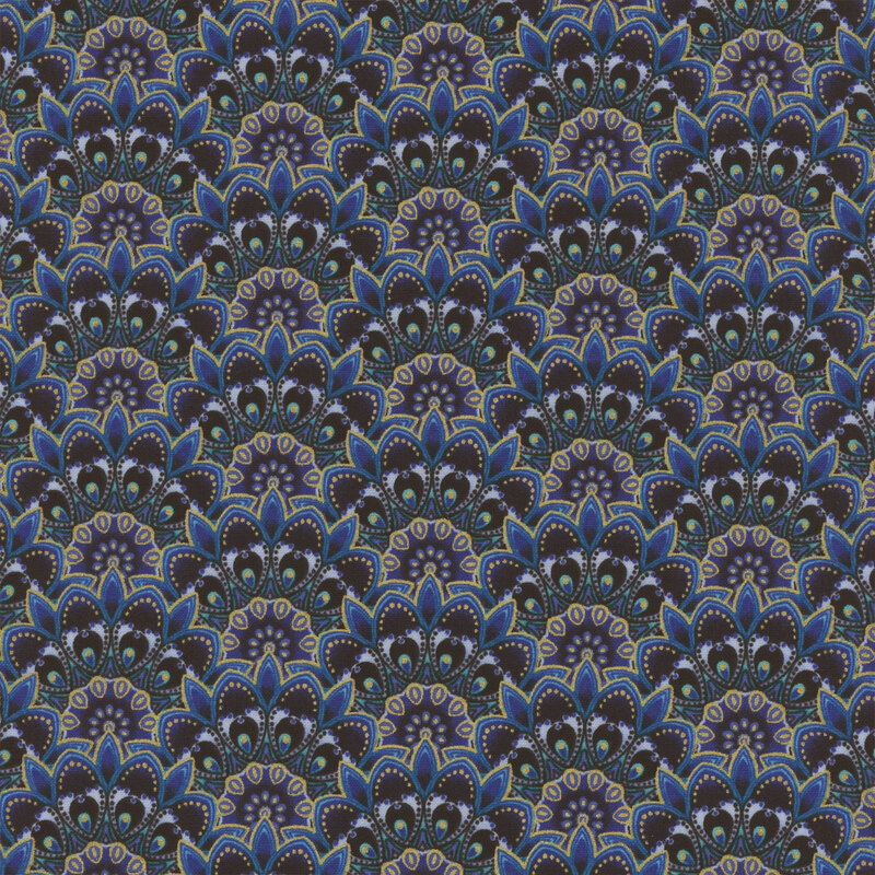 navy blue fabric with scallops decorated with dark blue, black, and gold abstract patterns