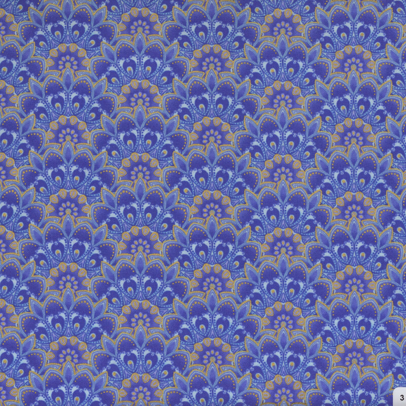 royal blue fabric with scallops decorated with bright blue, white, and gold abstract patterns