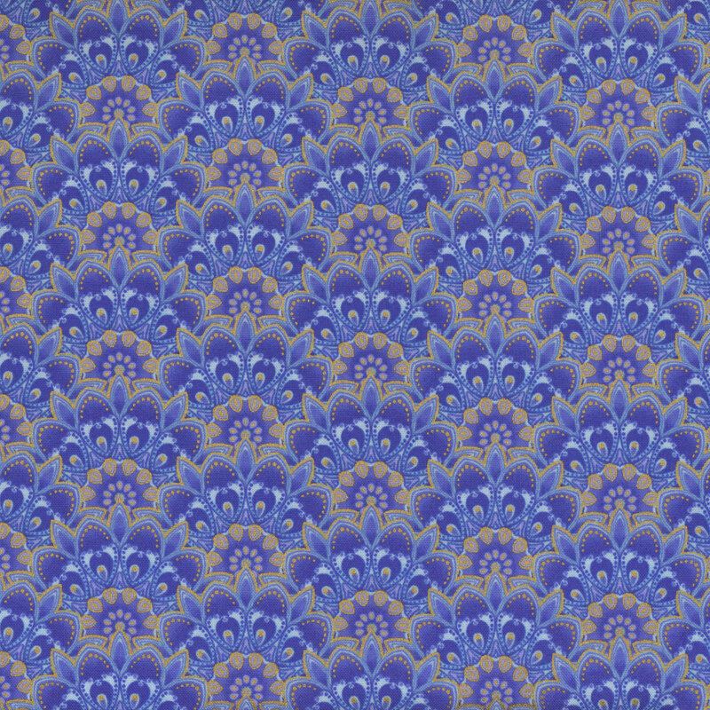 royal blue fabric with scallops decorated with bright blue, white, and gold abstract patterns