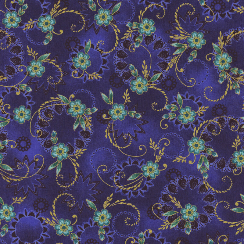 dark blue mottled fabric with teal flowers, leaves, and gold metallic scrolls