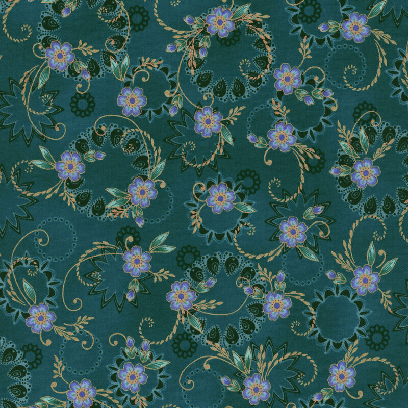 fabric with dark teal background, light blue flowers, and gold metallic swirls