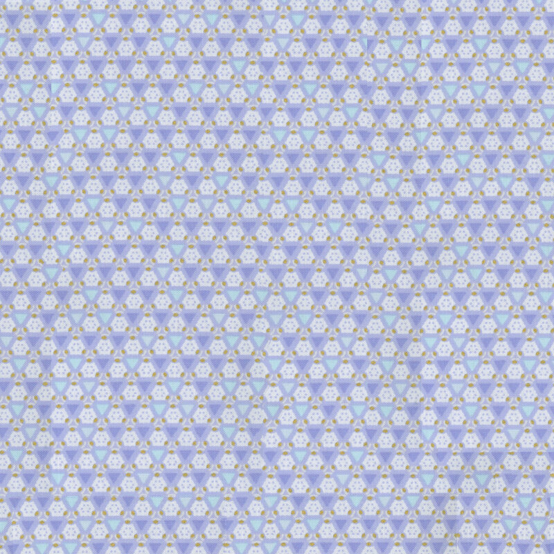 periwinkle fabric with light blue and purple geometric pattern and gold accents