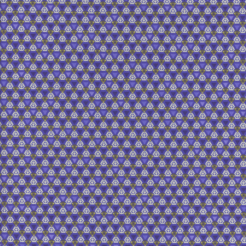 royal blue fabric with dark blue and purple geometric pattern and gold accents