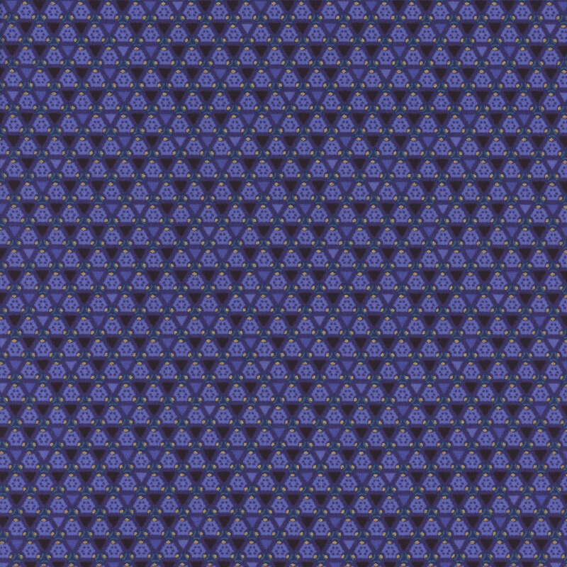 dark blue fabric with darker blue and deep purple geometric pattern and gold accents