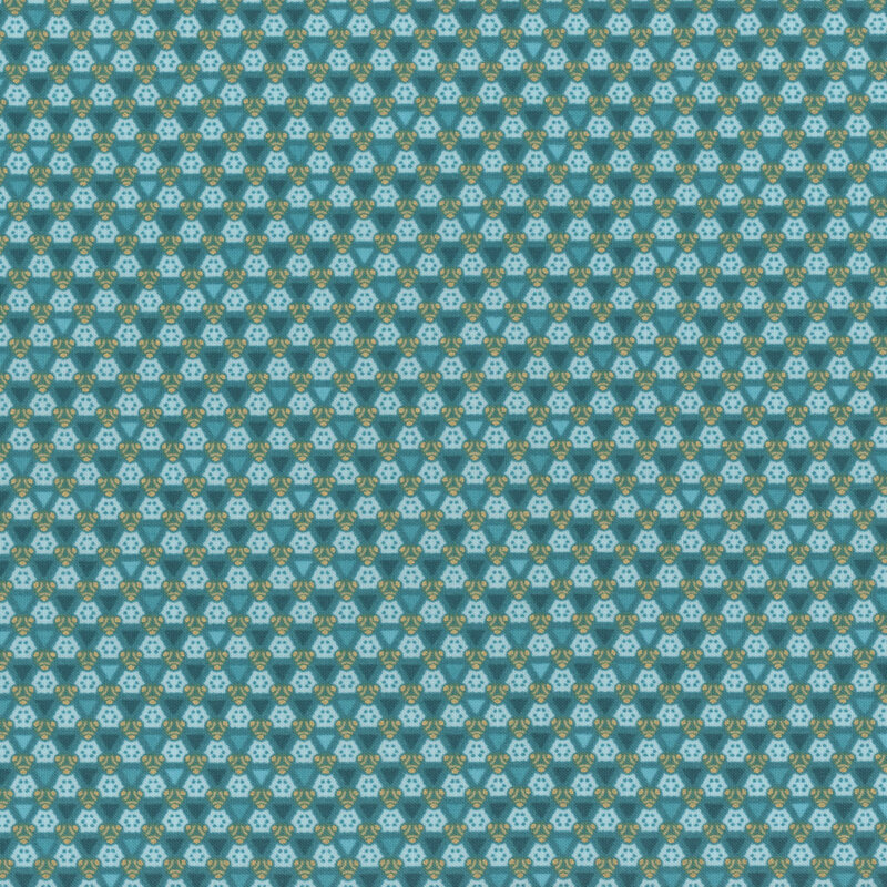 teal fabric with aqua and turquoise geometric pattern and gold accents
