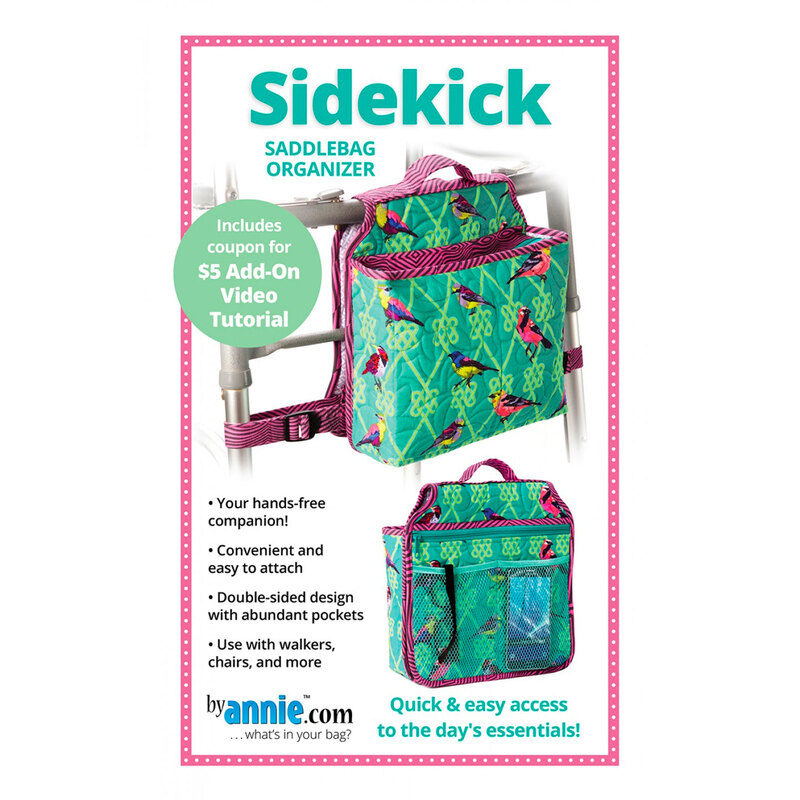 sidekick pattern showing a picture of the finished bag hanging from a walker with product specifications below it