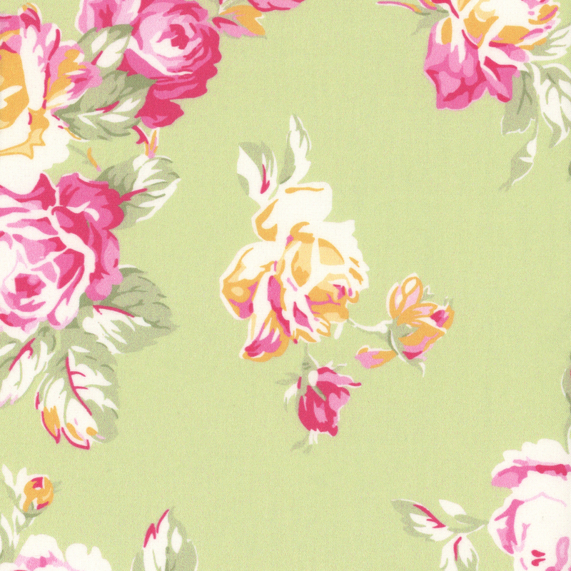 light chartreuse fabric with contrasting painterly pink and yellow roses and dusty green leaves on it
