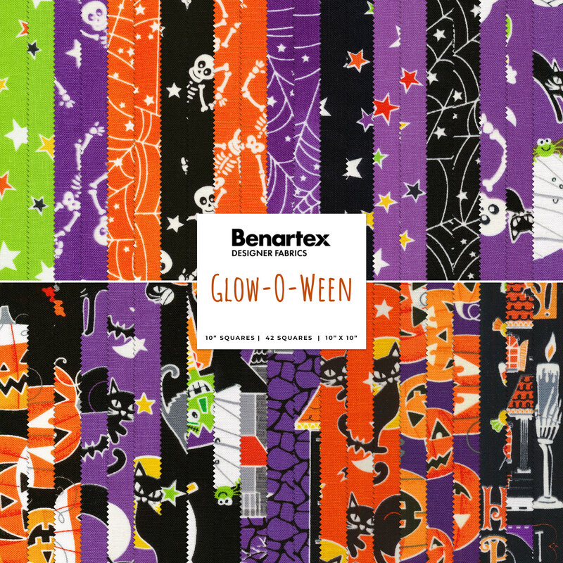 collage of all fabrics included in the Glow-O-Ween Collection arranged for 10