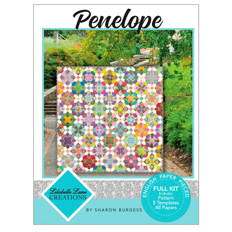 image of the box of the Penelope English Paper Piecing kit, showing a completed quilt