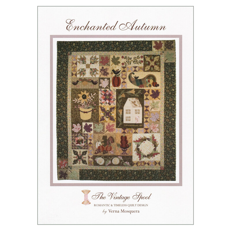 Front of the enchanted autumn pattern, showing the finished quilt with common fall objects like sunflowers and capricorns