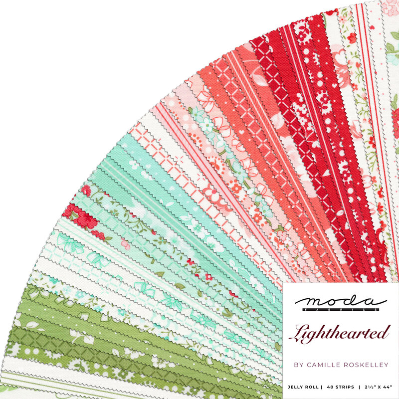 A splayed collage of fabrics in reds, pinks, aquas, and greens included in the Lighthearted Jelly Roll by Camille Roskelley