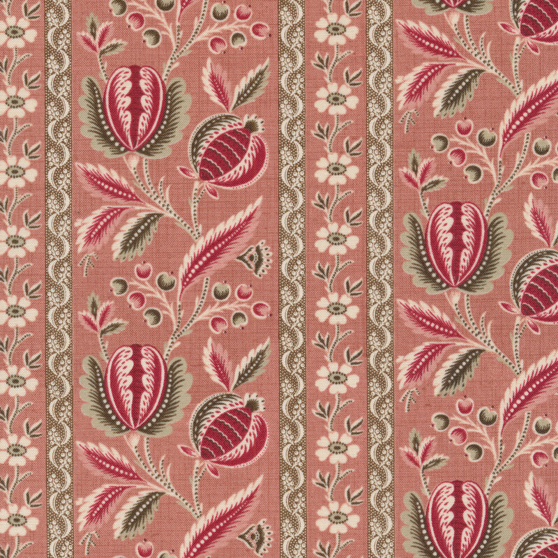 Floral fabric decorated with large red flowers and small white flowers, interspersed with gray floral stripes, on a pink background