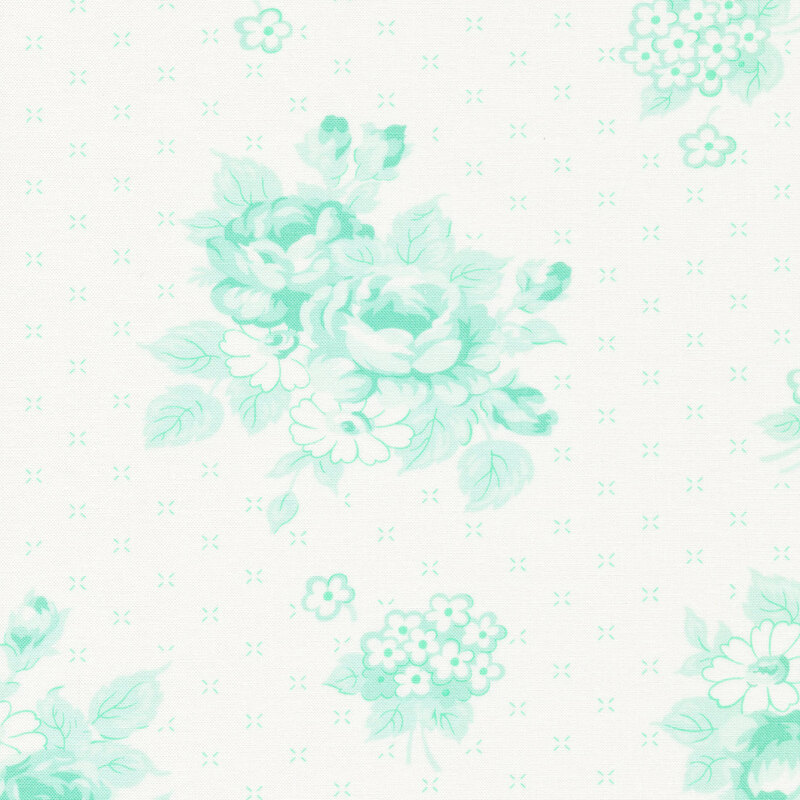 White fabric with tiny mint details and images of aqua roses in an overexposed style all over.