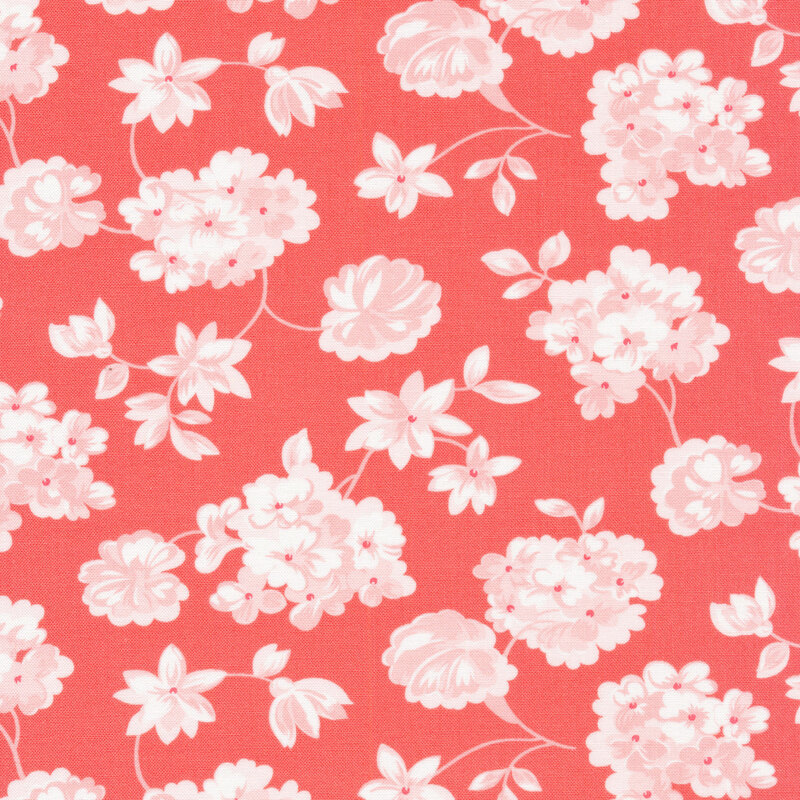 Pink colored fabric with tossed white impressionist styled flowers
