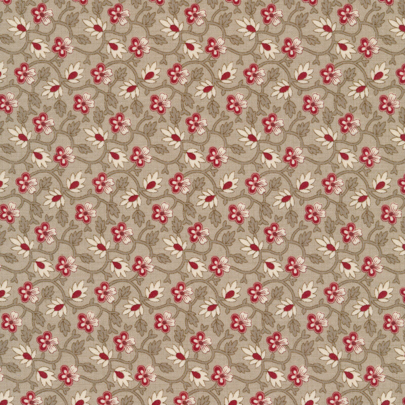Floral fabric featuring small red flowers and cream leaf accents, connected by gray vines and set against a lighter gray background