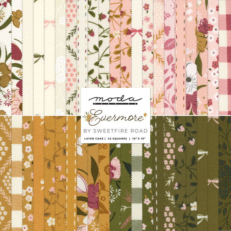 collage of all fabrics included in Evermore layer cake pre cut