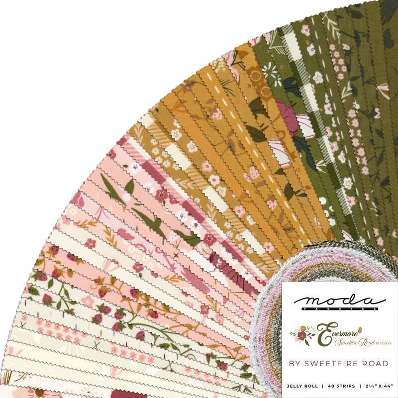 A fanned collage of green, mustard, pink, and cream fabrics included in Evermore jelly roll 