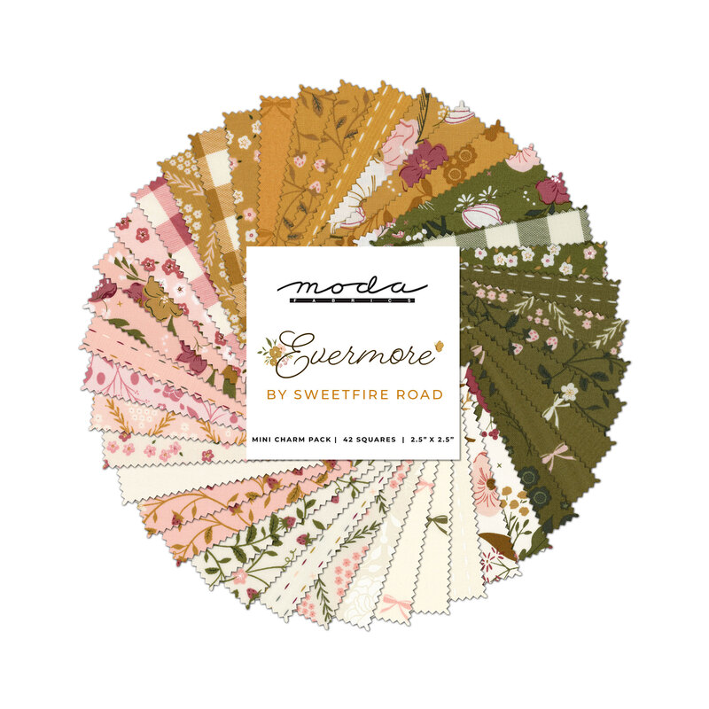 collage of all fabrics included in Evermore Mini Charm Pack