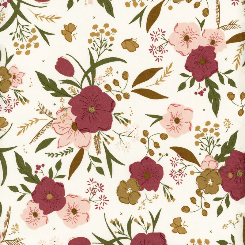 fabric with pink floral clusters with leaves on a cream background