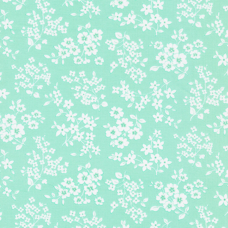 Mint/Aqua fabric with white clusters of stemmed flowers tossed all over.