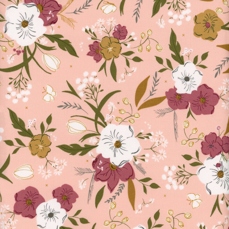 pink and white flower clusters with leaf clusters on a soft peach background