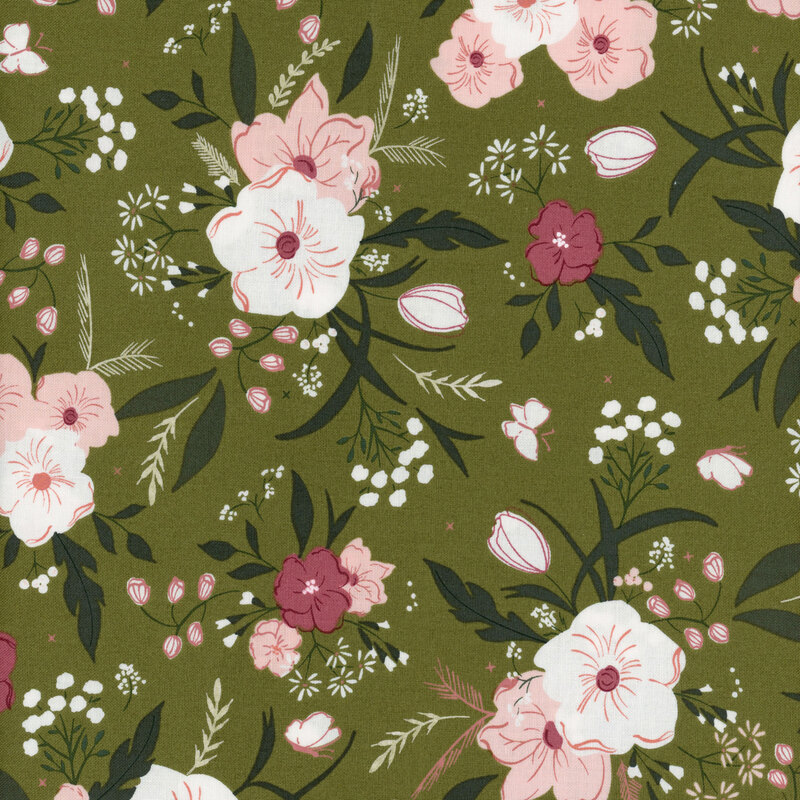 This fabric features tossed pink and white flower clusters and leaves on a deep green background