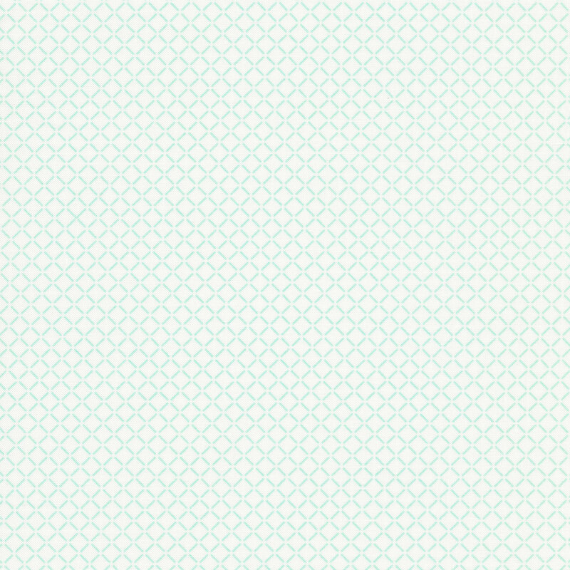 White fabric with aqua/mint dashed lines in a grid pattern