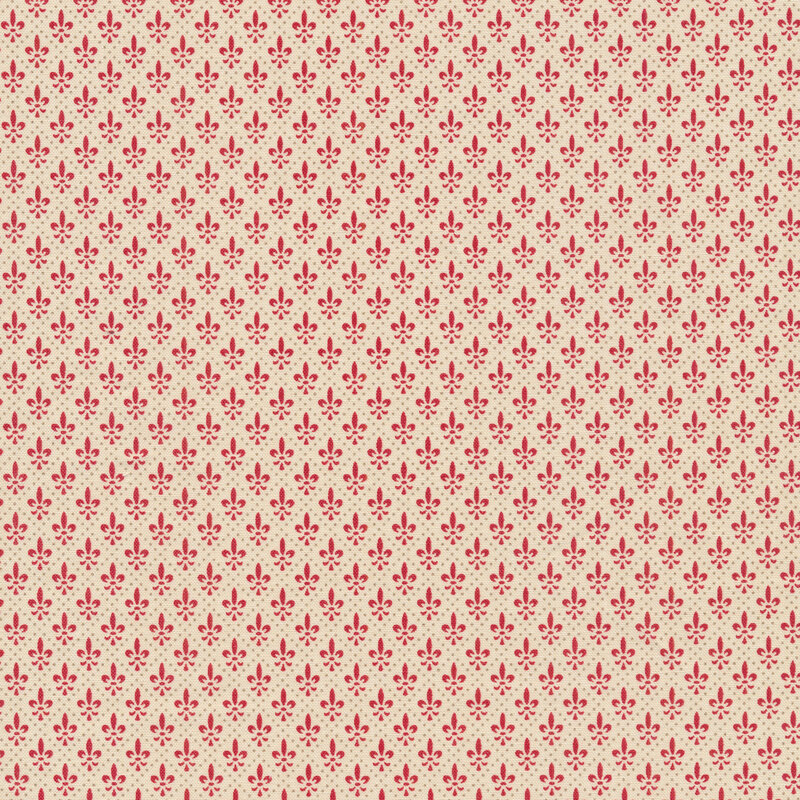 Fabric featuring small red fleur-de-lis divided by gray dots in a diamond pattern, set against a cream background